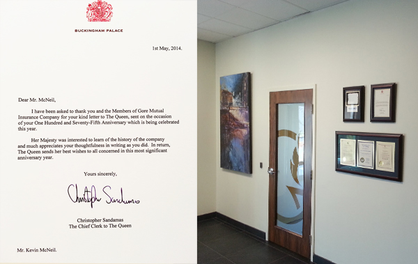 Letter for Gore-Mutual 175th anniversary from the Queen of England framed by Krajewski Gallery