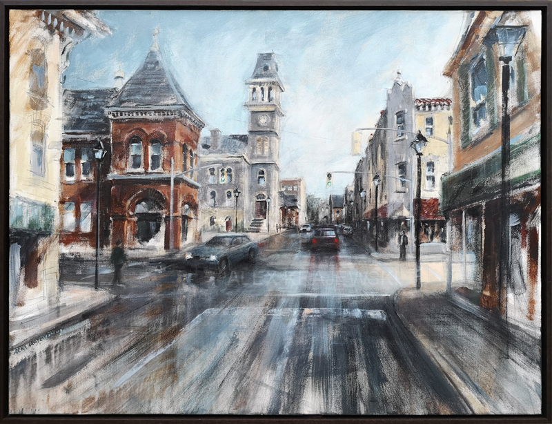 An original acrylic painting by Alex Krajewski depicting Dickson Street Galt Farmers Market and Galt City Hall commissioned by a private collector for a housewarming gift