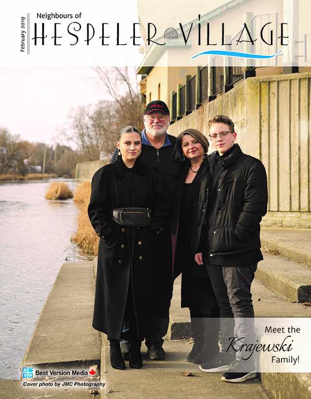 Neighbours of Hespeler Village cover featuring Cambridge Ontario artists and Krajewski Gallery Alex and Anna Krajewski and family