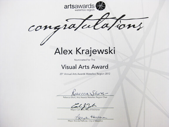 Alex Krajewski Visual Arts Waterloo Region Award Nomination Certificate