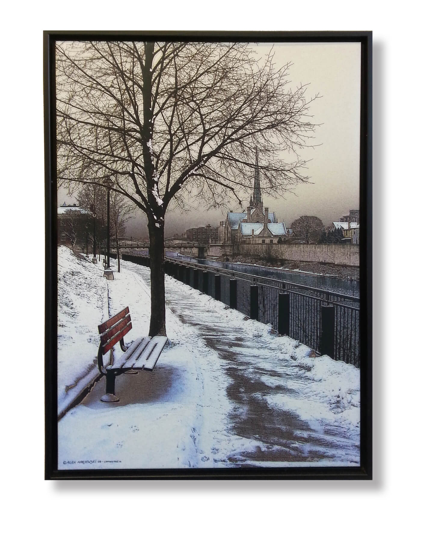 Winter Bench photograph on canvas by Cambridge ON artist Alex Krajewski framed in black floater frame