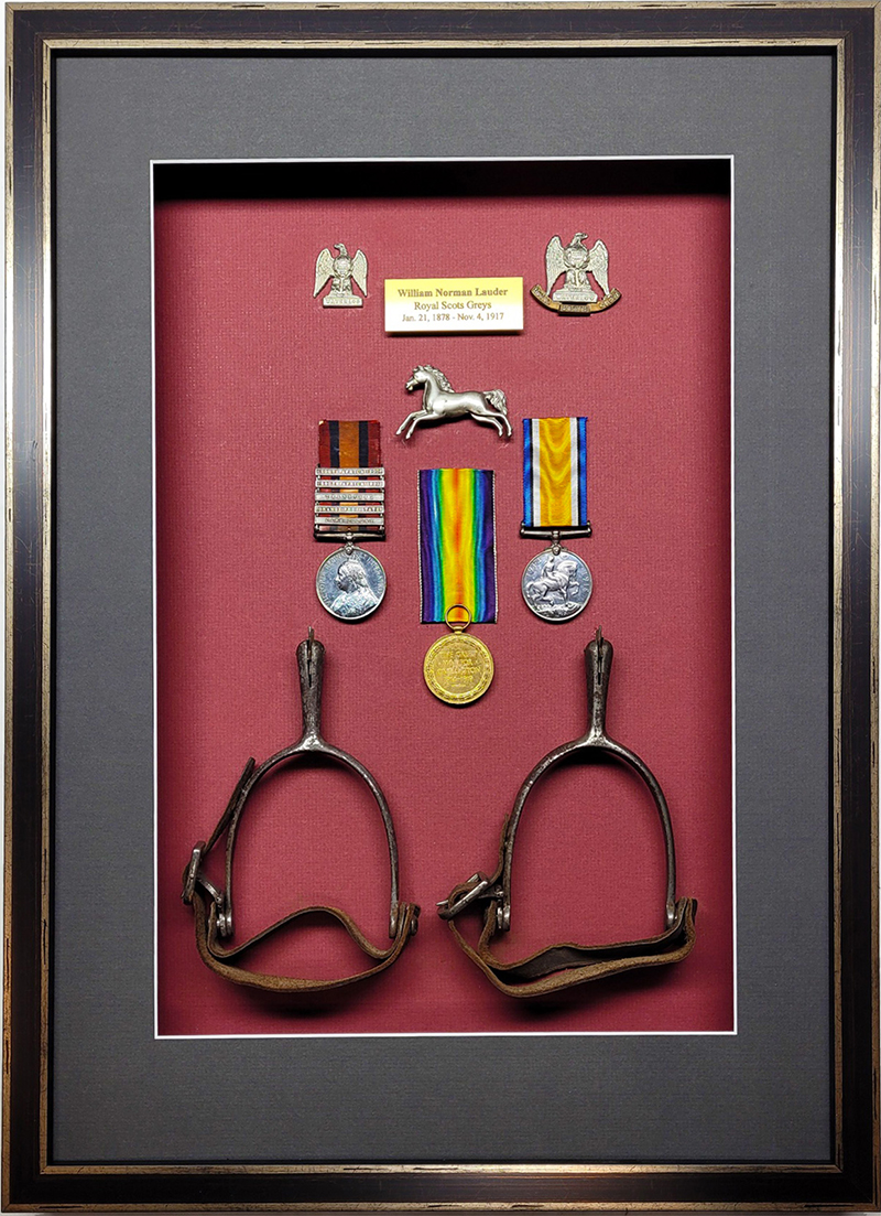 Over a 100 year old family war memorabilia royal scots greys cap badge and stirrups framed by krajewski gallery-cambridge-ontario