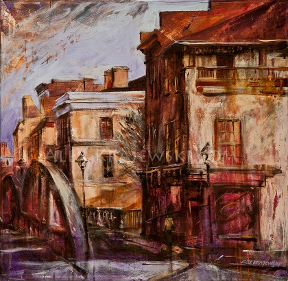 Acrylic painting of Main Street Bridge in Galt Cambridge Ontario by Cambridge artsit Alex Krajewski