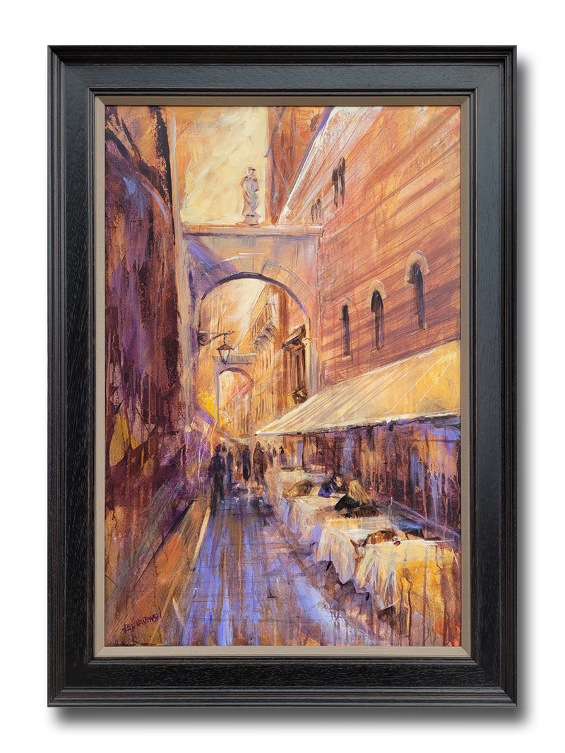 Verona-custom-framed--SOLD-original by Alex Krajewski depicting a cafe in Verona, Italy