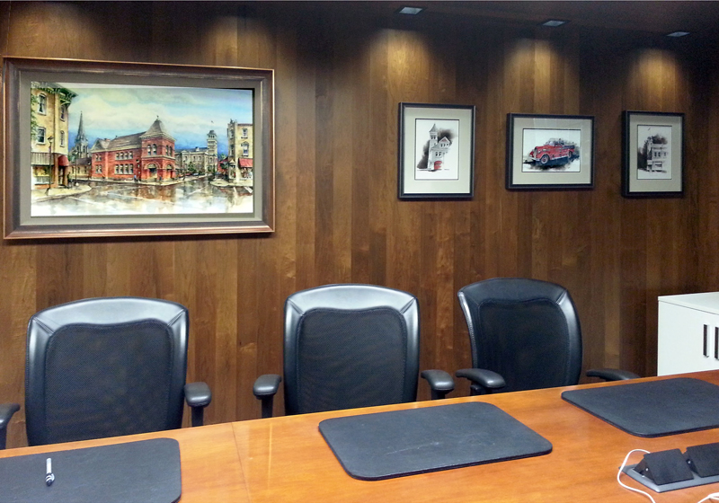 Alex Krajewski's framed prints of Galt Hespeler & Preston Ontario at Cambridge Fire Department boardroom
