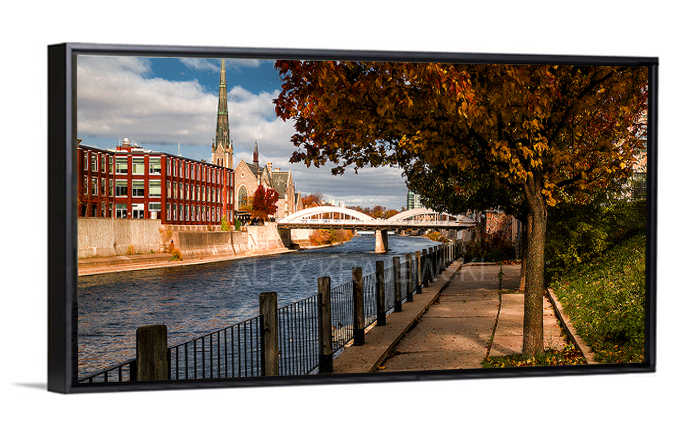 Fall View of Galt, a photograph Cambridge Ontario by Alex Krajewski. Cambridge art is a black floater frame.