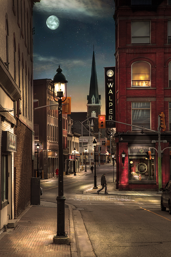 Evening at the Walper Hotel, a photograph by Alex Krajewski of a night scene at a corner of King Street and James Street in Kitchener, Ontario