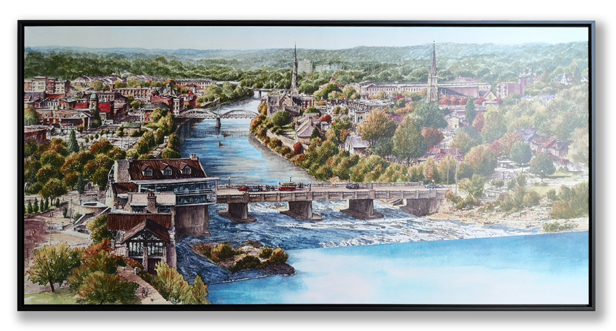 Cambridge Panorama 30" x 60" framed in black narrow floater frame