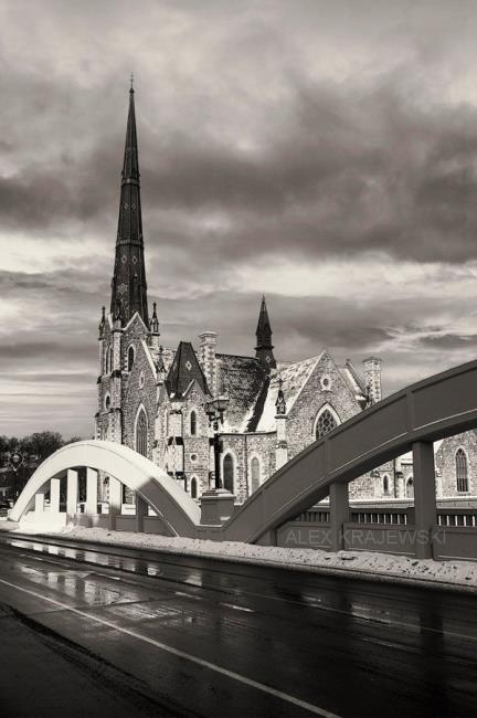 Central Church and Main Street Bridge Black & White - Krajewski