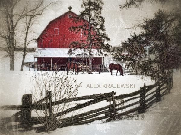 Little Red Barn in Winter - Sepia - Krajewski