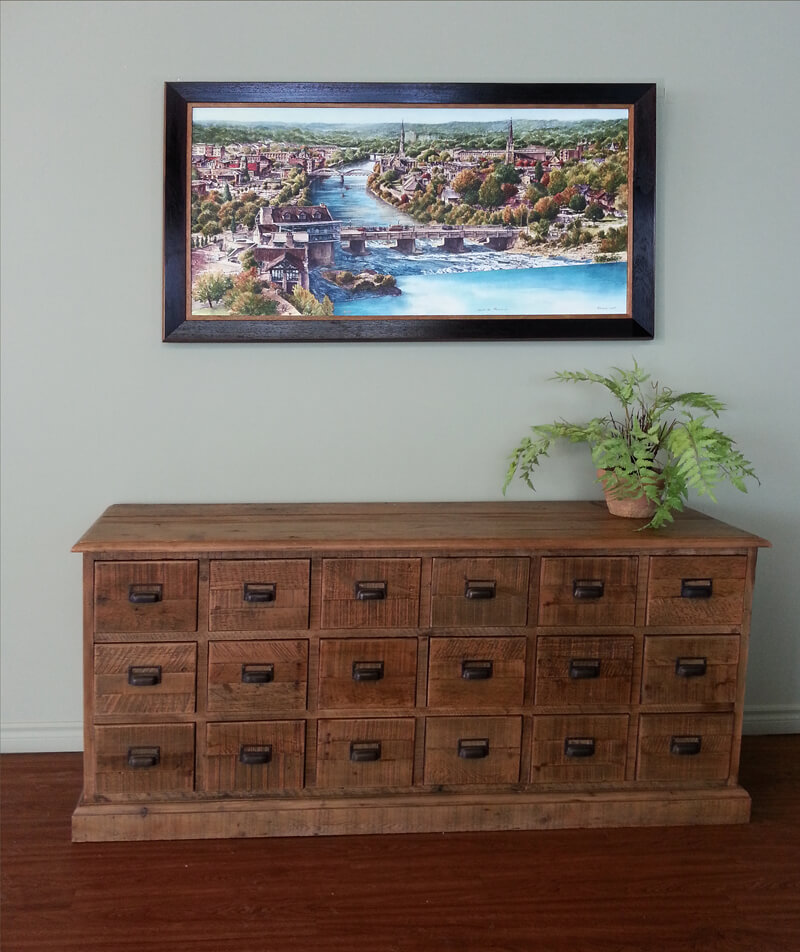 Alex Krajewski's Cambridge Panorama framed Canvas print at Transchem company in Cambridge Ontario