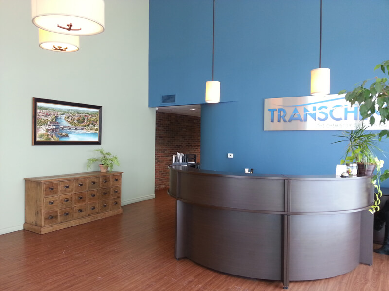 Alex Krajewski's Cambridge Panorama framed Canvas print at a lobby of Transchem company in Cambridge Ontario