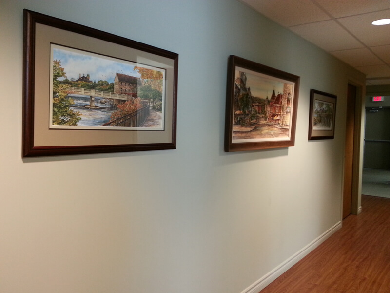 Alex Krajewski's Park Hill Bridge & Market Morning framed prints at Transchem Company in Cambridge Ontario